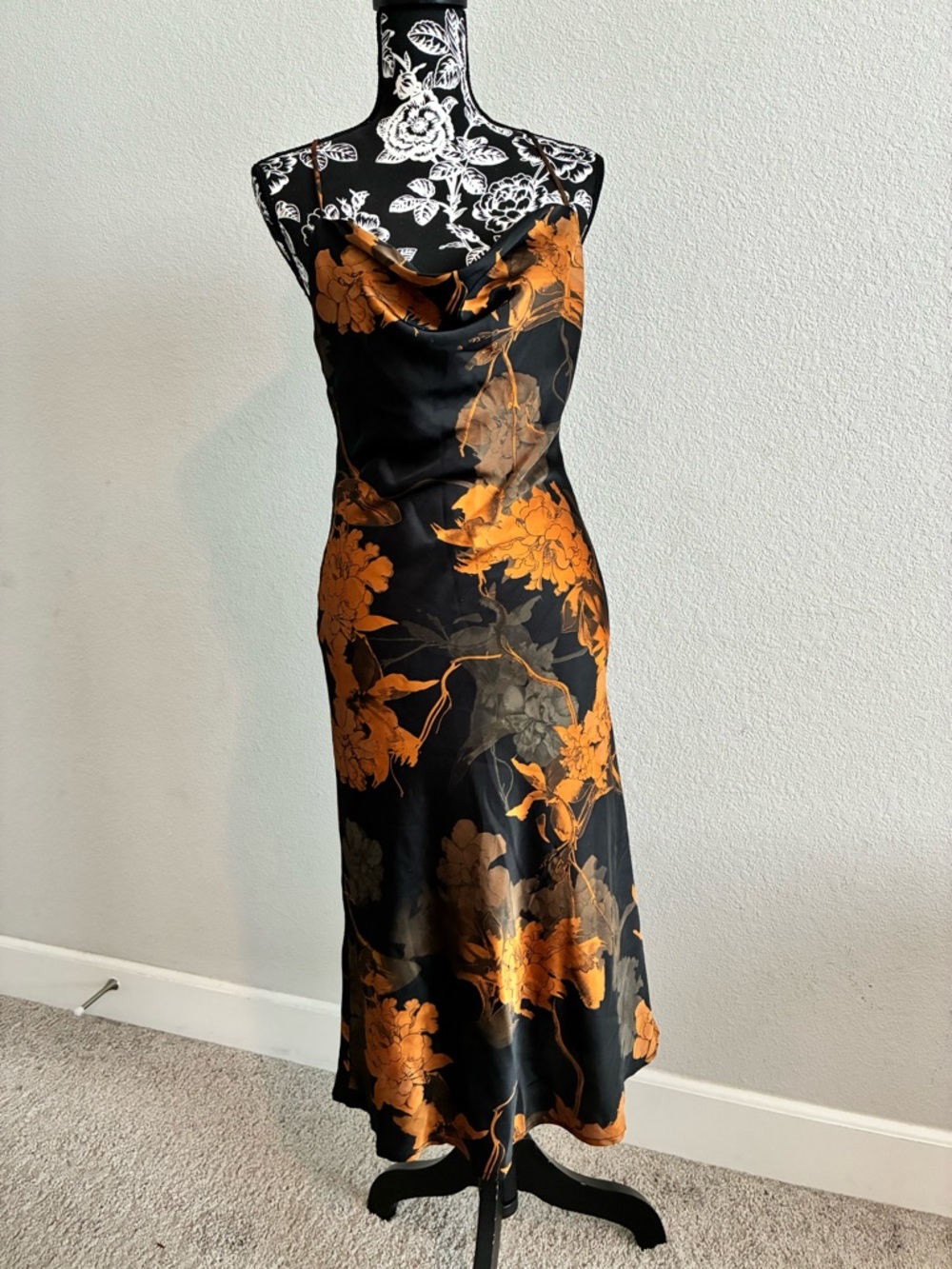 Aakaa Black Slip Midi Dress with Orange Floral Print